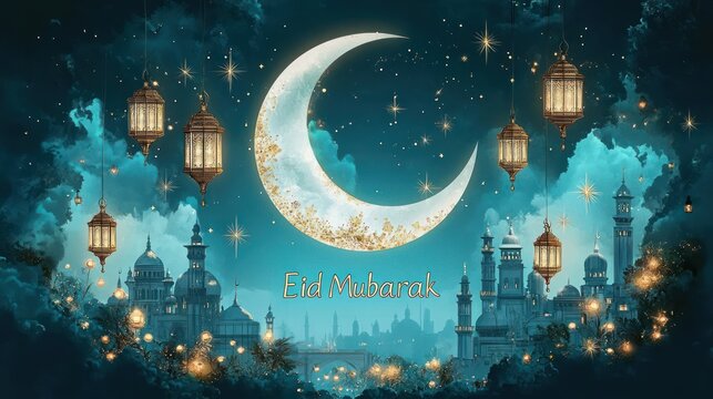 Glowing crescent moon surrounded by hanging lanterns over a cityscape with mosque silhouettes and sparkling stars at night, evoking a festive and peaceful atmosphere