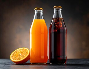 Bottles of orange and cola drinks with orange slice
