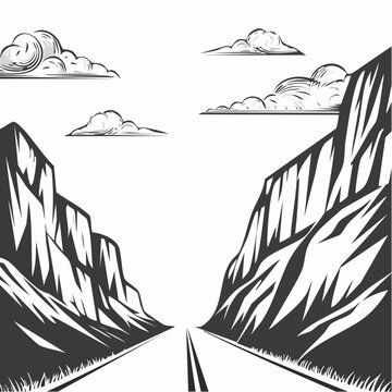 Rocky mountain gorge. Set for parallax effect. Grass and road. Stone rocky landscape. High peaks and cliffs. Sky with clouds. Illustration vector