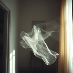 Fototapeta premium A delicate, translucent veil floats gently in the air against a blurred domestic backdrop, creating a serene atmosphere.