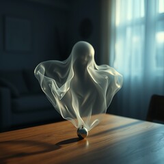 A translucent, ethereal form resembling a spirit floats above a reflective metal sphere on a wooden table in a dim room.