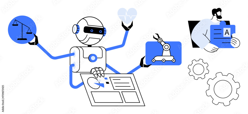 Poster robot managing tasks thumbs up balancing justice, digital automation, and data entry alongside a hum