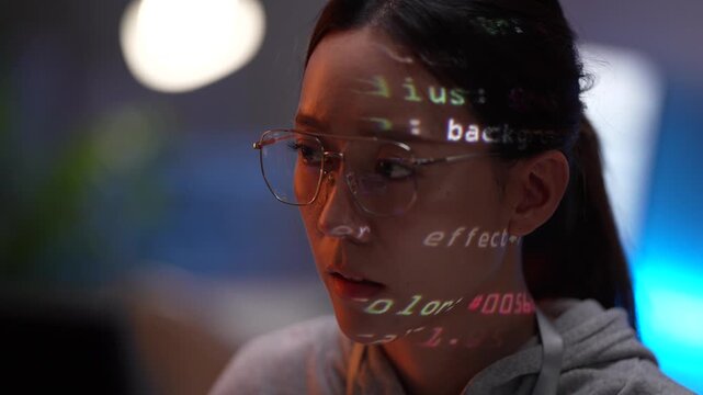 A cybersecurity analyst's glasses reflect a malicious script during a late-night forensic analysis of a network breach, representing data immersion and threat hunting.