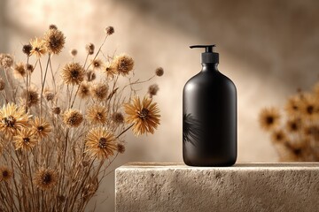 Dark Liquid Dispenser With Dried Flowers