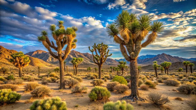 desert landscape with joshua trees under blue sky