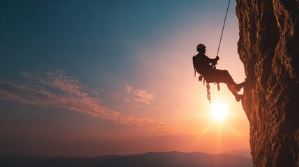 Muscular climber man in protective helmet abseiling from cliff rock wall using rope Belay device and climbing harness on evening sunset sky background. Active extreme sports time spending concept.