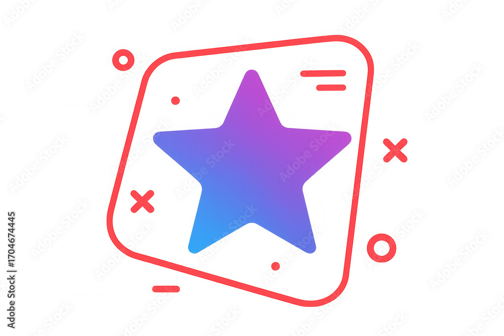 Poster purple and blue gradient star shape inside rounded rectangle with crosses and circles on transparent