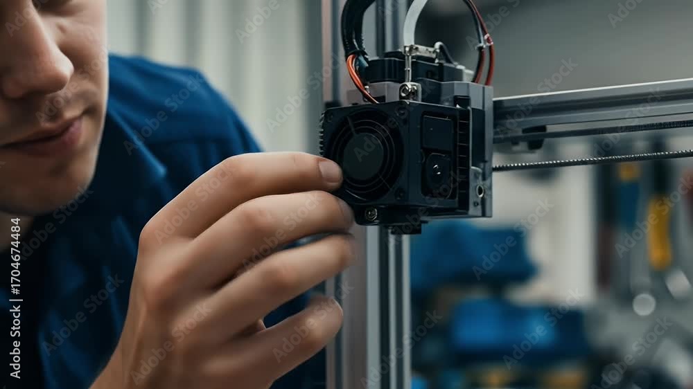 Poster close up of an engineer working on a 3d printer machine in workshop