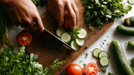 Fresh cucumber and tomato slices being cut on wooden board with herbs and greens, hands preparing healthy salad with knife and chopping action