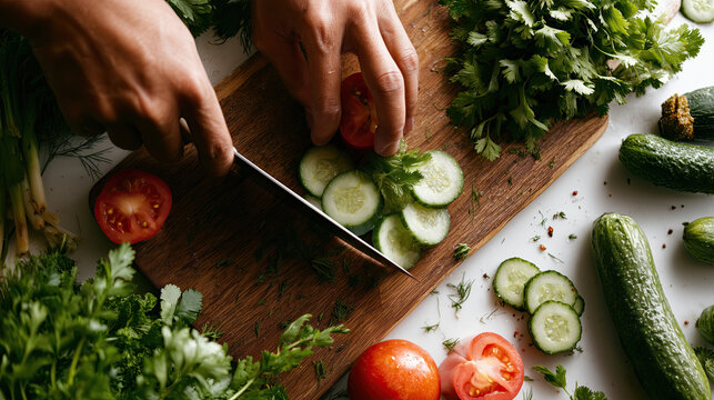 Fresh cucumber and tomato slices being cut on wooden board with herbs and greens, hands preparing healthy salad with knife and chopping action