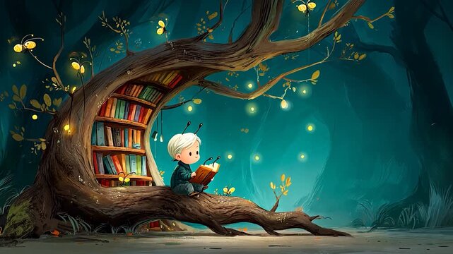 Boy reads in magical, glowing tree library