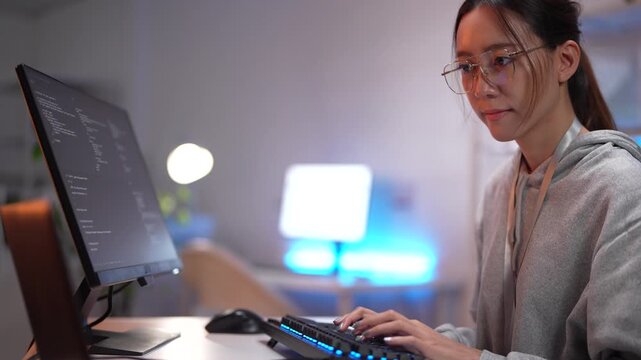 A female programmer debugs code on her laptop in a tech hub. In the background, a screen displays data streams, representing a complex software development or data science environment.