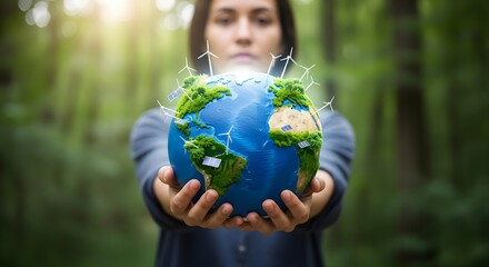 Hands holding planet Earth model with solar panels and wind turbines amidst green trees