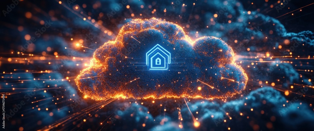 Aufkleber glowing digital cloud with a secure home symbol inside surrounded by dynamic particles, representing