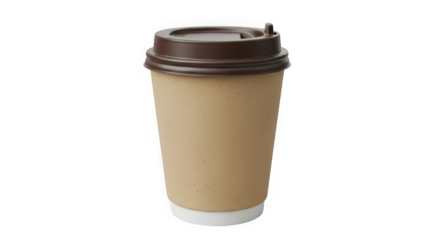 Disposable paper coffee cup with brown lid for hot beverages and to-go drinks isolated studio shot transparent background