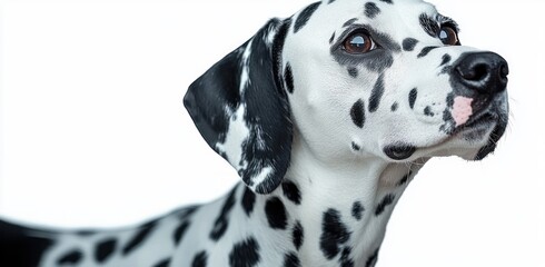 close-up of a dalmatian dog looking attentively with clear black spots on white fur and a small pink spot on its nose against a white background