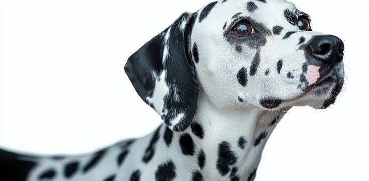 close-up of a dalmatian dog looking attentively with clear black spots on white fur and a small pink spot on its nose against a white background - Powered by Adobe