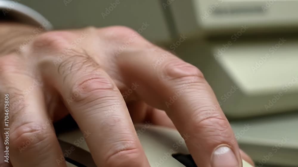 Aufkleber close up of hand using computer mouse on beige background