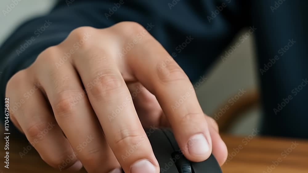 Poster close up of hand using computer mouse on wooden desk in daylight