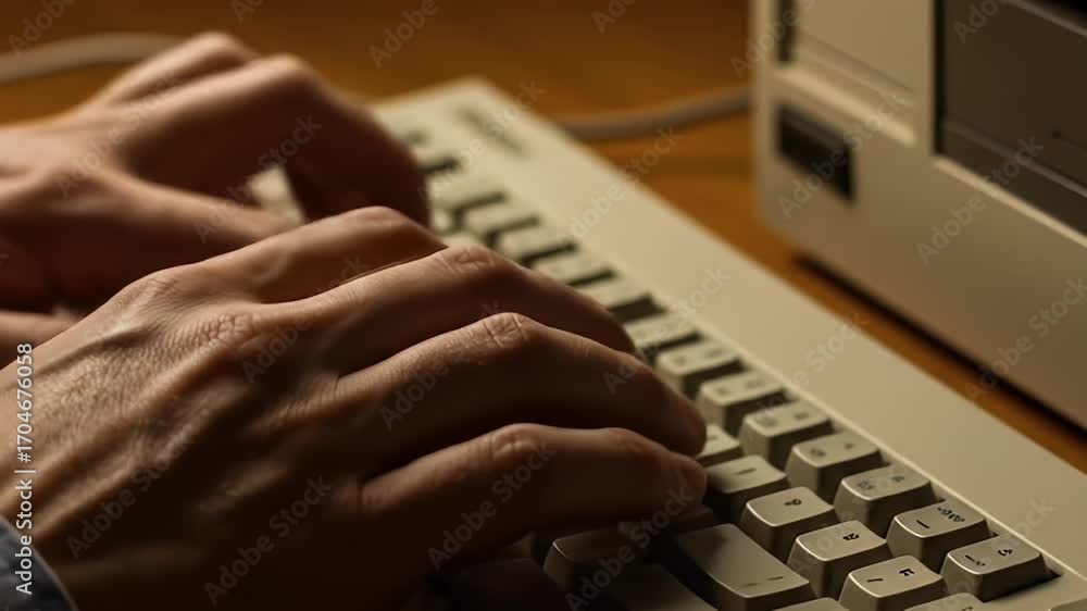 Poster close up of hands typing on keyboard with retro computer in the background