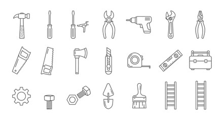 A collection of various hand tools, depicted as simple line art icons, arranged in a grid.