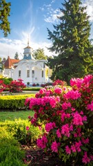 Spring garden with church