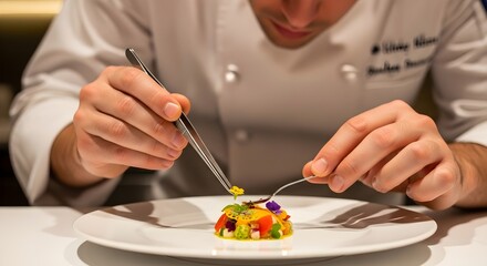 Chef meticulously garnishes a gourmet dish with edible flowers and microgreens using tweezers
