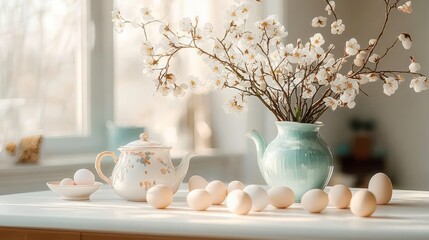 Delicate white flowers in a pale green vase with a floral-decorated teapot and eggs arranged on a bright white table near a window filled with soft natural light