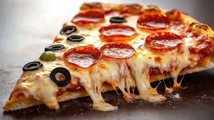 Close-up of a hot slice of pepperoni pizza with melted cheese and black and green olives on a dark surface