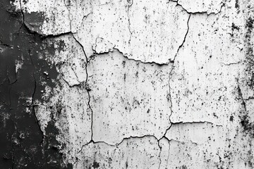 Obraz premium Close-up of a cracked and peeling textured wall with black and white contrast showing deterioration and aging