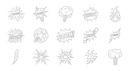 A collection of various comic book style explosion and effect illustrations, all outlined in grey.