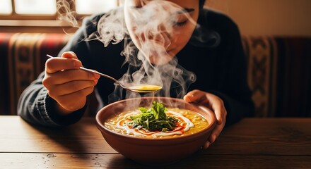 Person smelling hot steaming soup from spoon in rustic bowl with herbs aroma
