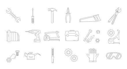 Obraz premium Outlined illustrations of various tools and equipment arranged in a grid, representing repair and construction.