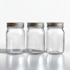 Three empty transparent glass jars with silver metal lids arranged side by side on a reflective white surface with a white background