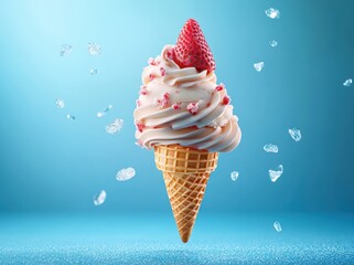 Creamy vanilla ice cream cone with pink strawberry topping and fresh strawberry on blue background with scattered ice crystals