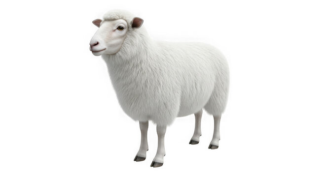Detailed monochrome studio portrait of a white sheep standing firmly against a contrasting backdrop transparent background