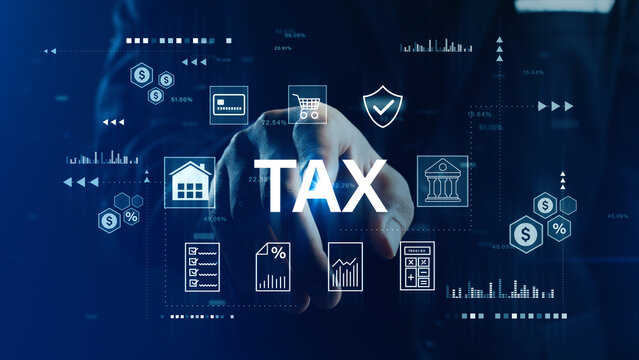 Digital tax and finance concept featuring business and data analytics icons on a blue background, ideal for financial content and tax related media. 3d Rendering - Powered by Adobe