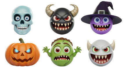 Spooky Halloween characters including a smiling skull, fierce demon, purple witch, jack-o-lantern, green zombie, and a white imp ready for festive frights.