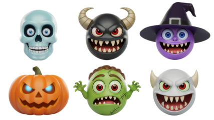 Spooky Halloween characters including a smiling skull, fierce demon, purple witch, jack-o-lantern, green zombie, and a white imp ready for festive frights.