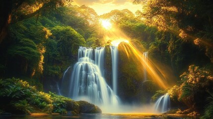 Sunlight streaming through dense green forest illuminating a multi-tiered waterfall flowing into a calm pool below, creating a serene and magical atmosphere
