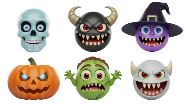 Spooky Halloween characters including a smiling skull, fierce demon, purple witch, jack-o-lantern, green zombie, and a white imp ready for festive frights.