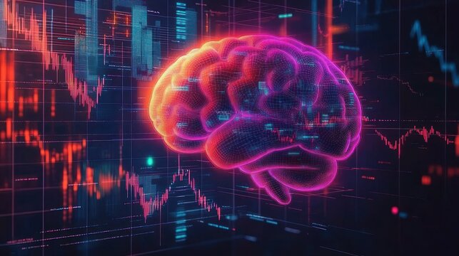 Glowing digital brain hologram surrounded by fluctuating financial data graphs and charts in vibrant neon colors representing technology and analytics - Powered by Adobe
