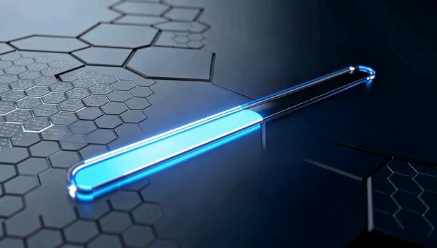 Futuristic loading bar with a glowing blue light on a dark hexagonal background