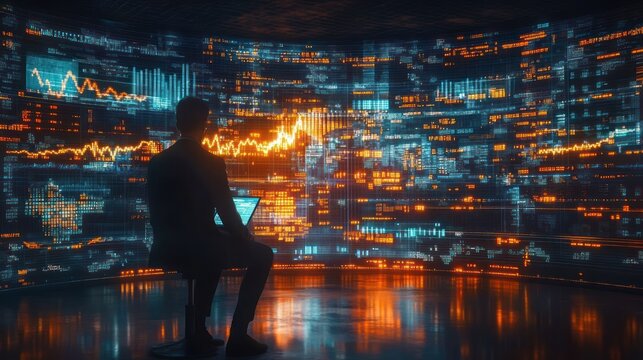 Silhouette of a person sitting with laptop in front of a large curved digital screen displaying vibrant financial charts and data in blue and orange tones