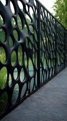 Intricate metalwork fence with organic cell-like pattern creating a modern architectural feature