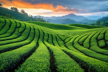 Lush rolling green tea plantation rows on hilly terrain under a vibrant colorful sunset sky with distant misty mountains