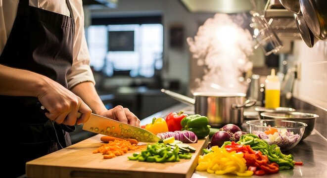 Chef hands chopping colorful vegetables on a wooden board in a steaming kitchen