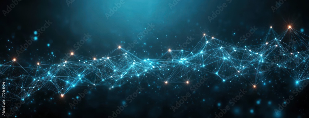 Poster dynamic network of glowing interconnected points and lines floating in a deep blue abstract space ev