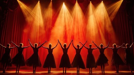 Silhouettes of nine ballet dancers holding hands on stage with warm orange spotlight beams creating a dramatic and elegant atmosphere