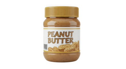 Delicious creamy peanut butter jar with golden lid full of nutty goodness for spreads and recipes transparent background